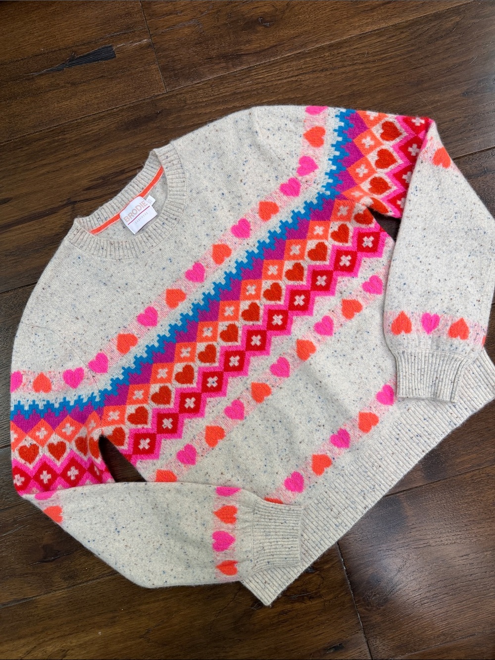 Brodie - Women’s Cashmere Rainbow Fair Isle Heart Crewneck Sweater - Size: XS